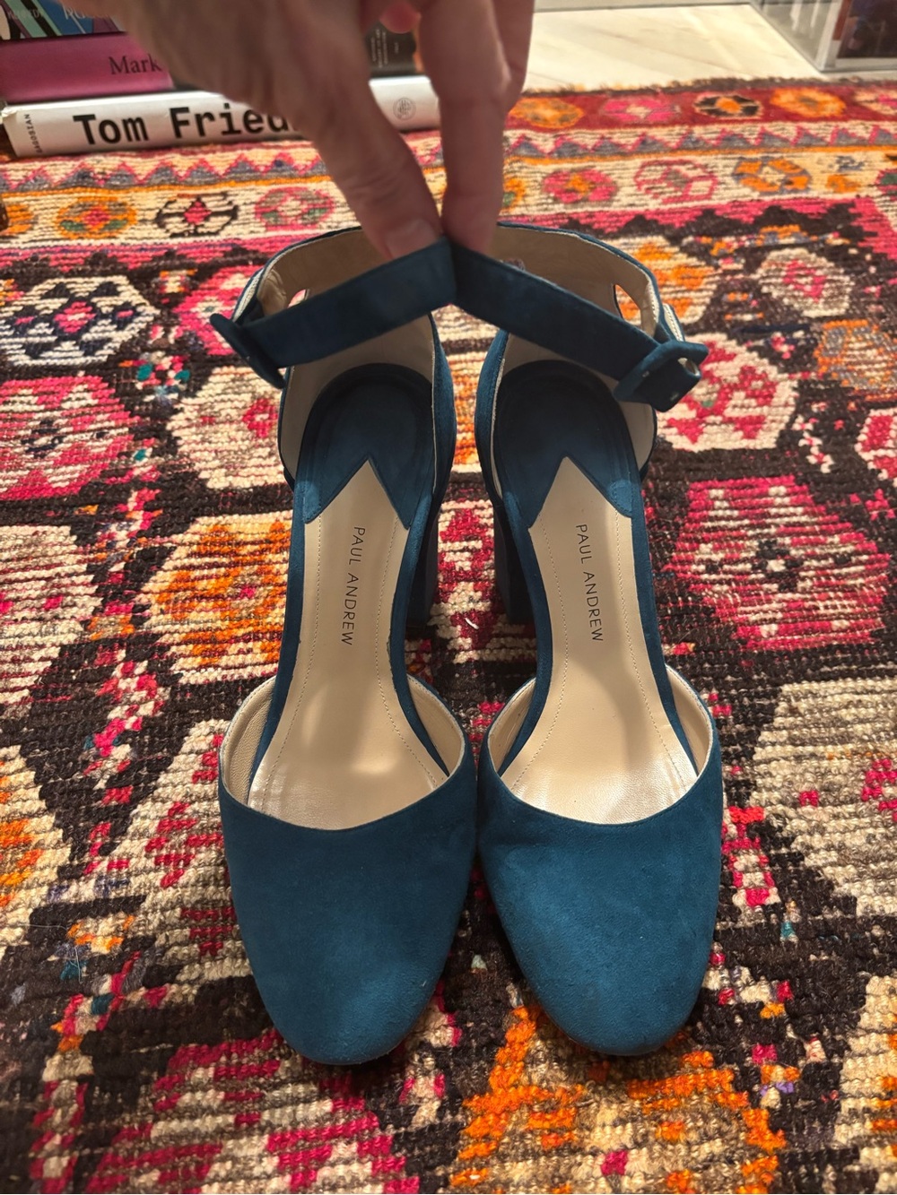 Paul Andrew Teal Suede Mary Jane Block Heels - Picture 2 of 5